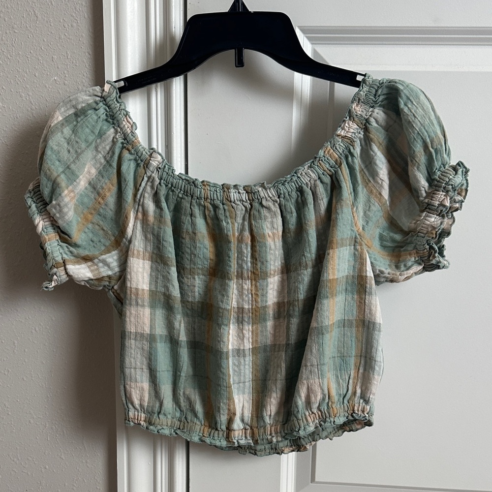 American Eagle Outfitters Plaid Puff Sleeve Blouse - Green and Cream